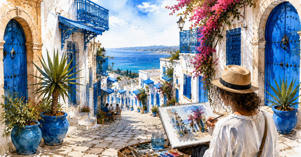 Carnet de voyage aquarelle en Tunisie : immersion artistique à Tunis